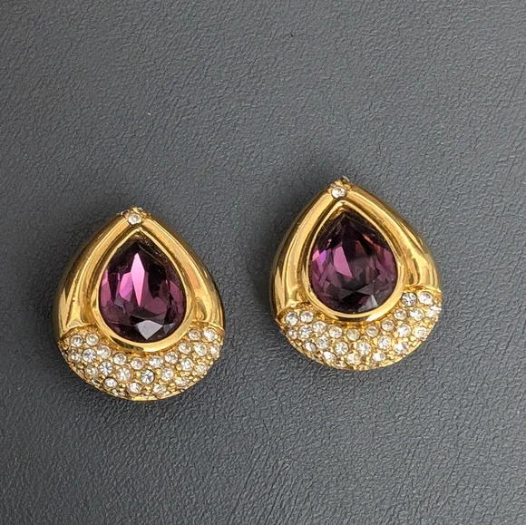 Swarovski Amethyst Crystal and Clear Crystal Gold Tone Earrings Clip Style - Picture 3 of 11